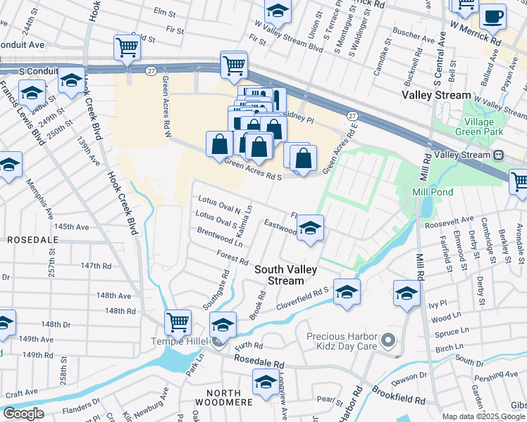 map of restaurants, bars, coffee shops, grocery stores, and more near 67 Flower Road in Valley Stream