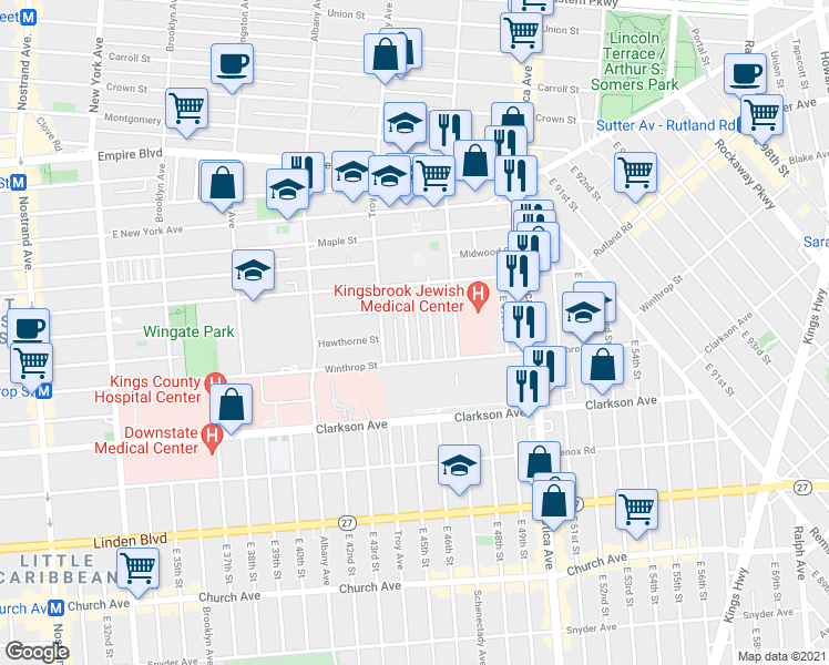 map of restaurants, bars, coffee shops, grocery stores, and more near 131 East 46th Street in Brooklyn