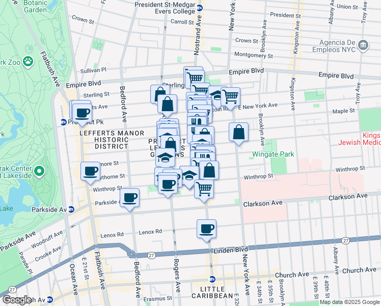 map of restaurants, bars, coffee shops, grocery stores, and more near 276 Rutland Road in Brooklyn