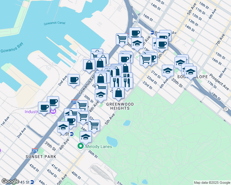 map of restaurants, bars, coffee shops, grocery stores, and more near 219 27th Street in Brooklyn