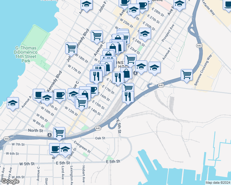 map of restaurants, bars, coffee shops, grocery stores, and more near 153 Avenue E in Bayonne