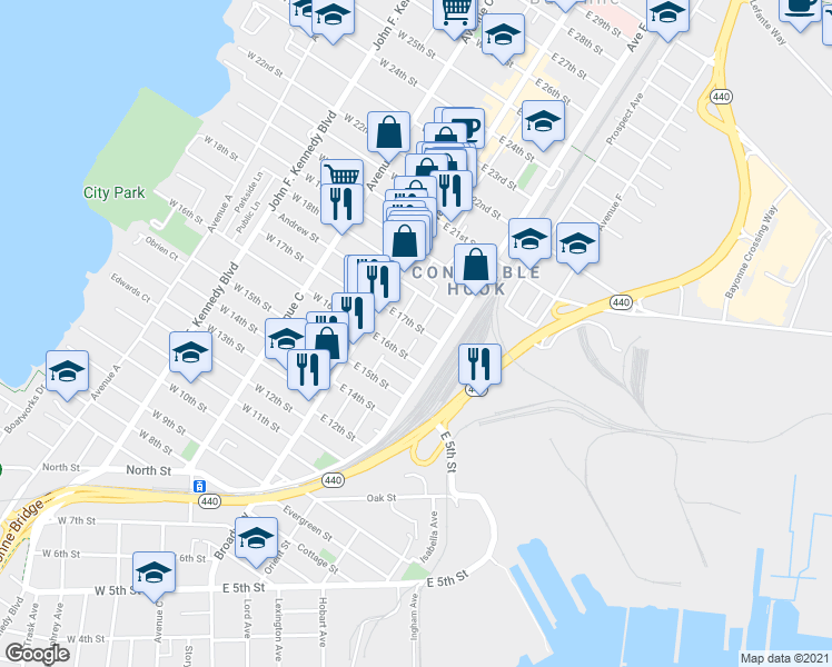 map of restaurants, bars, coffee shops, grocery stores, and more near 14 Court Place in Bayonne