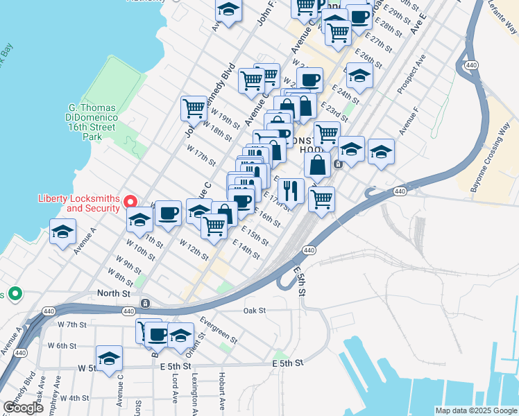 map of restaurants, bars, coffee shops, grocery stores, and more near 14 Court Place in Bayonne