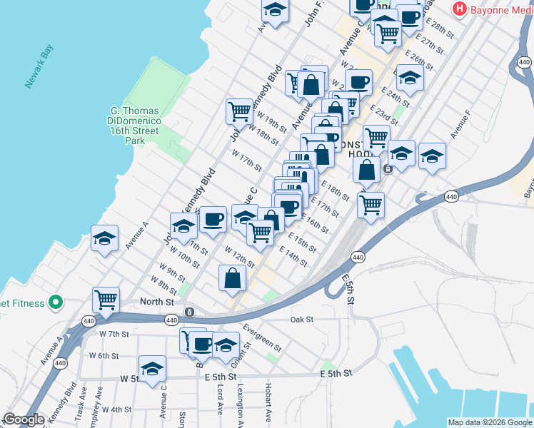 map of restaurants, bars, coffee shops, grocery stores, and more near 27-29 East 15th Street in Bayonne