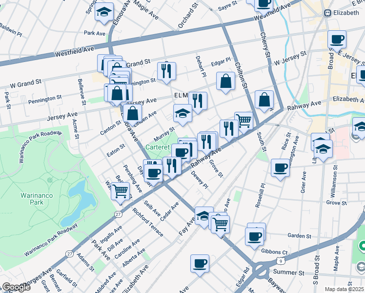 map of restaurants, bars, coffee shops, grocery stores, and more near 420 Vine Street in Elizabeth