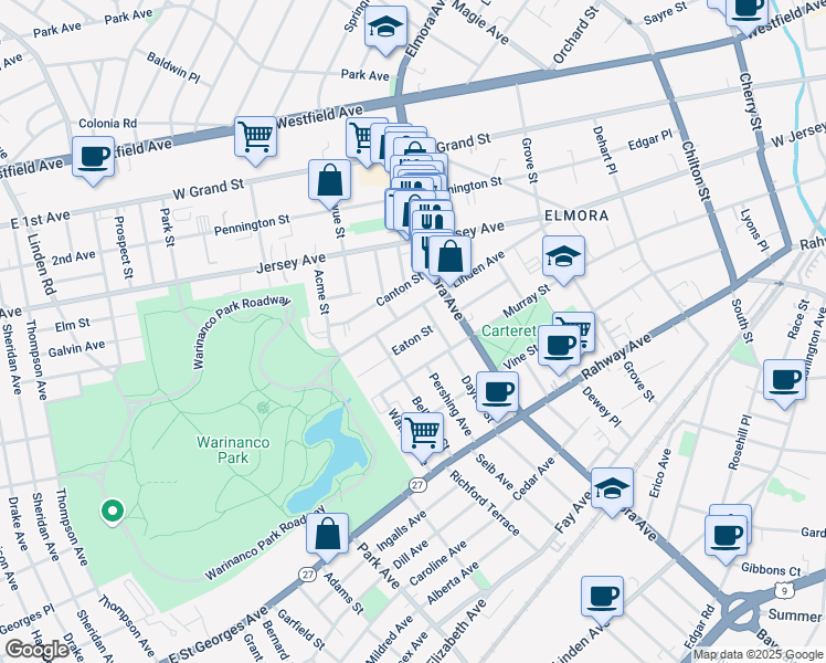 map of restaurants, bars, coffee shops, grocery stores, and more near 731 Eaton Street in Elizabeth
