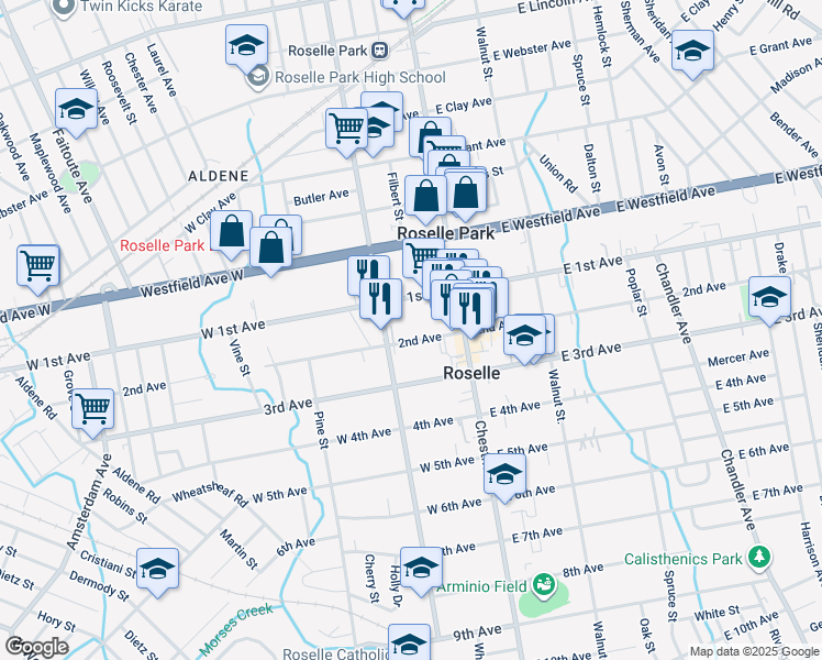 map of restaurants, bars, coffee shops, grocery stores, and more near 134 West 2nd Avenue in Roselle