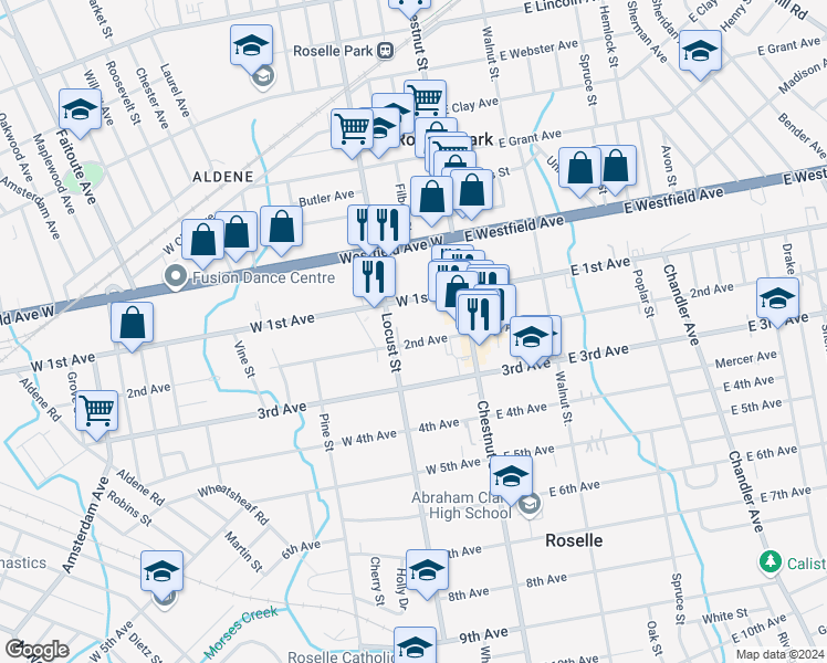 map of restaurants, bars, coffee shops, grocery stores, and more near 134 West 2nd Avenue in Roselle