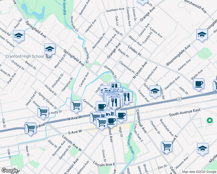 map of restaurants, bars, coffee shops, grocery stores, and more near 24 Springfield Avenue in Cranford