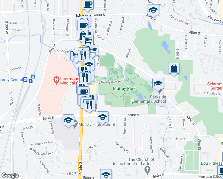 map of restaurants, bars, coffee shops, grocery stores, and more near 5143 Murray Park Lane in Murray