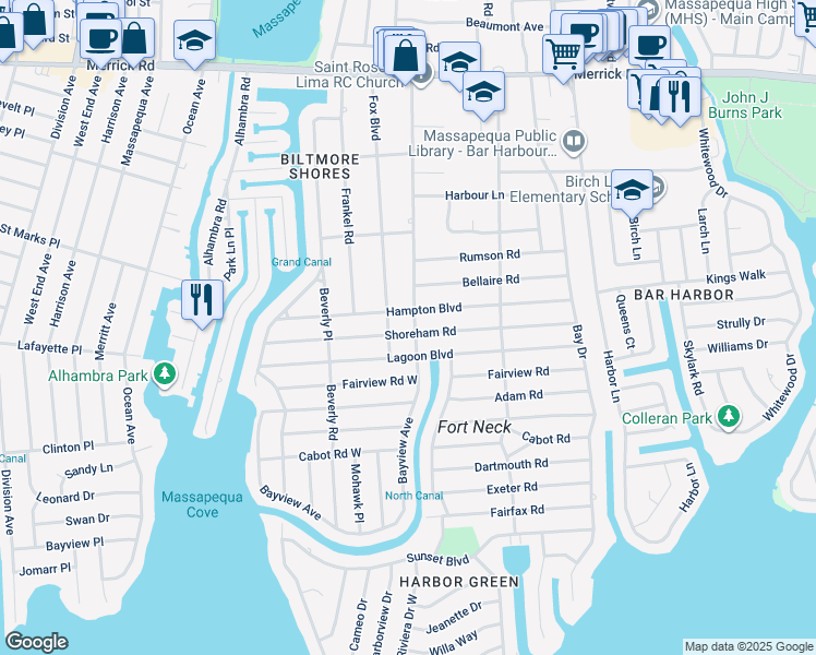 map of restaurants, bars, coffee shops, grocery stores, and more near 111 Bayview Avenue in Massapequa