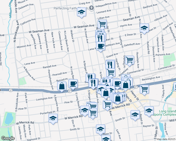 map of restaurants, bars, coffee shops, grocery stores, and more near 56 North Bergen Place in Freeport