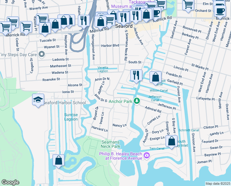 map of restaurants, bars, coffee shops, grocery stores, and more near 2523 South Seamans Neck Road in Seaford