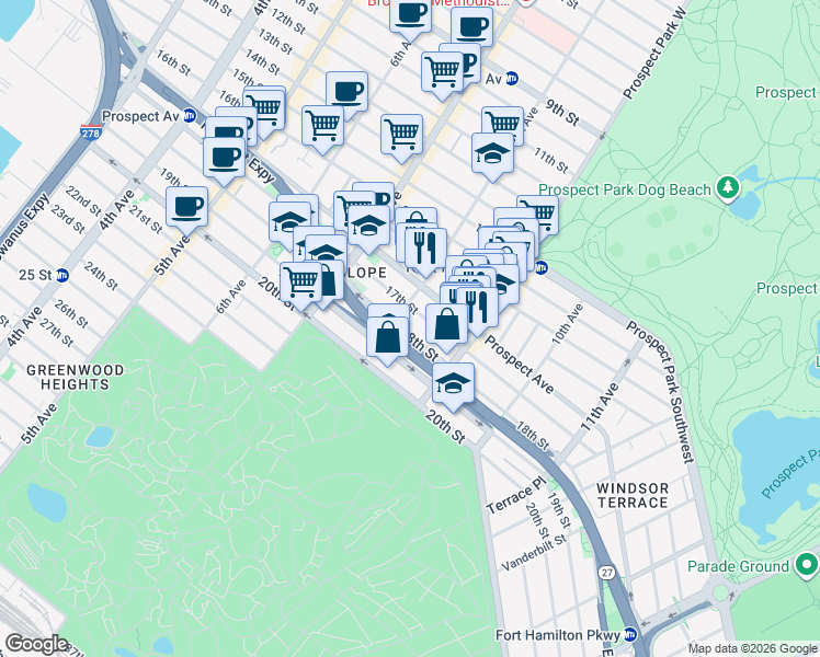 map of restaurants, bars, coffee shops, grocery stores, and more near 451 18th Street in Brooklyn