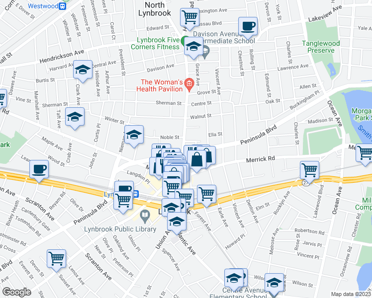 map of restaurants, bars, coffee shops, grocery stores, and more near 50 Hempstead Avenue in Lynbrook