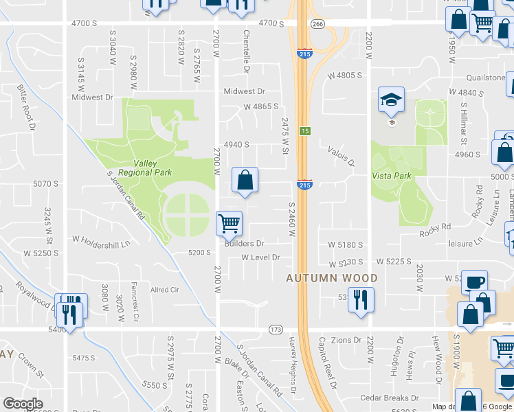 map of restaurants, bars, coffee shops, grocery stores, and more near 2500 Central Park Circle in Salt Lake City
