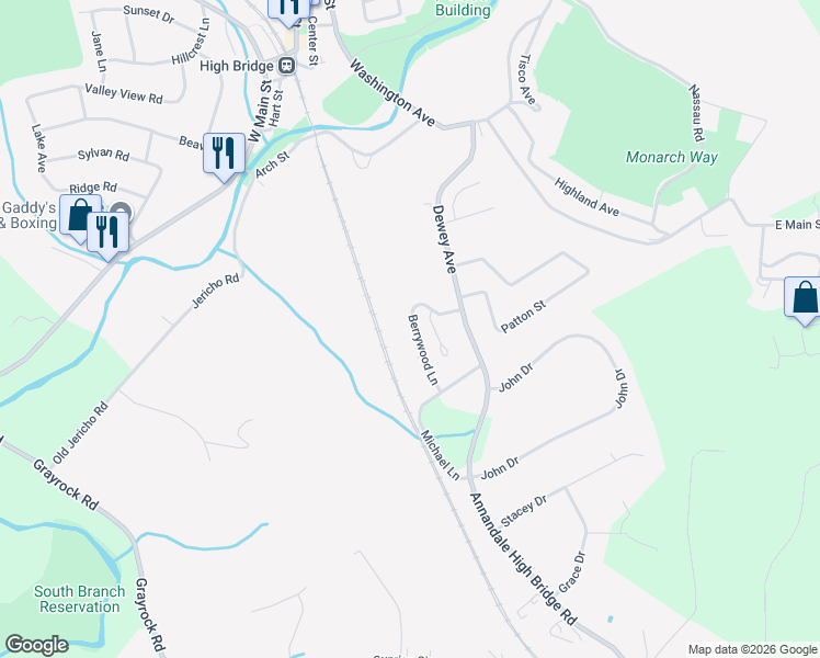 map of restaurants, bars, coffee shops, grocery stores, and more near 5 Indian Springs Lane in High Bridge