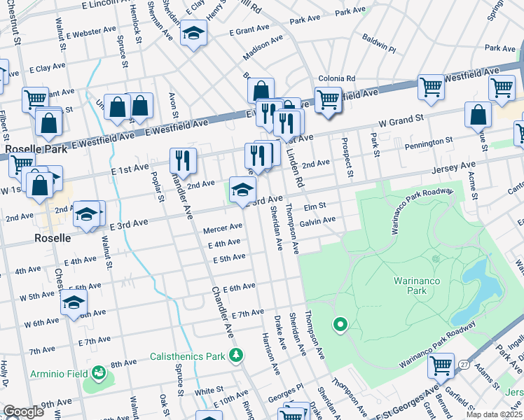map of restaurants, bars, coffee shops, grocery stores, and more near 311 Drake Avenue in Roselle