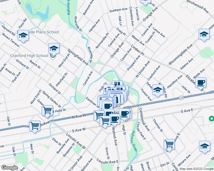 map of restaurants, bars, coffee shops, grocery stores, and more near 214 Holly Street in Cranford