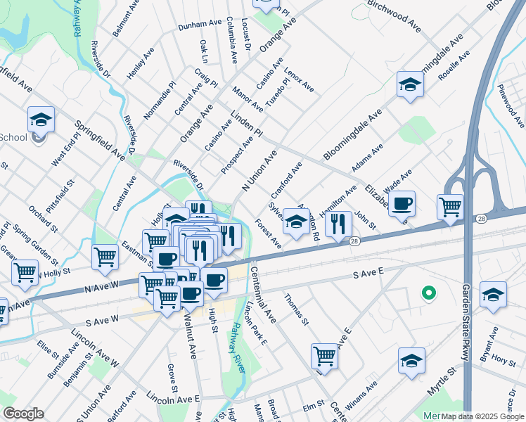 map of restaurants, bars, coffee shops, grocery stores, and more near in Cranford