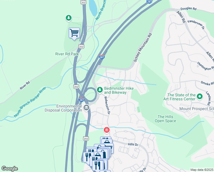 map of restaurants, bars, coffee shops, grocery stores, and more near 11 Birchwood Road in Bedminster