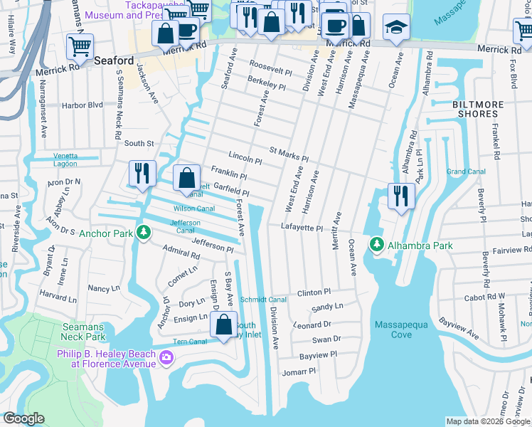 map of restaurants, bars, coffee shops, grocery stores, and more near 156 Division Avenue in Massapequa