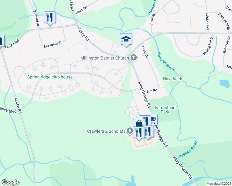 map of restaurants, bars, coffee shops, grocery stores, and more near 31 Spring Valley Boulevard in Basking Ridge