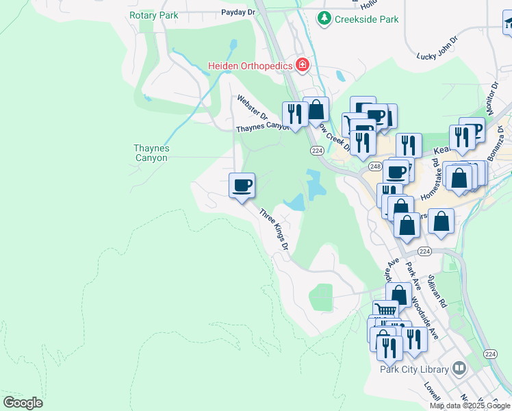 map of restaurants, bars, coffee shops, grocery stores, and more near 1825 Three Kings Drive in Park City