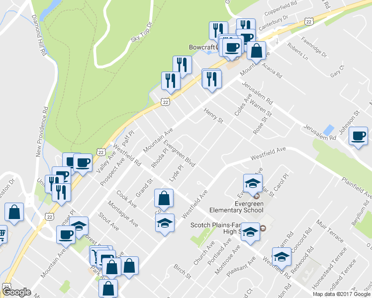 map of restaurants, bars, coffee shops, grocery stores, and more near 2272 Beechwood Place in Scotch Plains