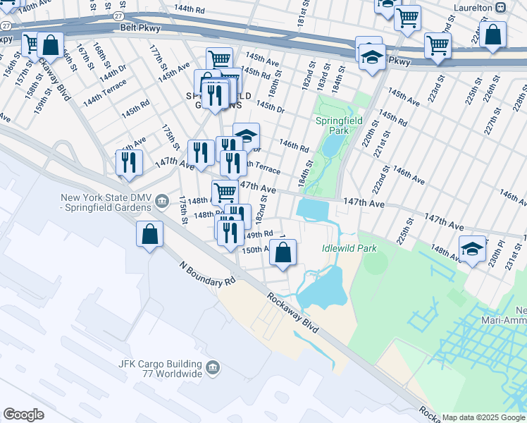 map of restaurants, bars, coffee shops, grocery stores, and more near 147-29 182nd Street in Queens