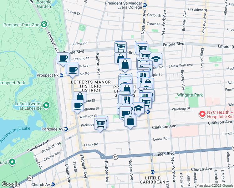 map of restaurants, bars, coffee shops, grocery stores, and more near 188 Rutland Road in Brooklyn