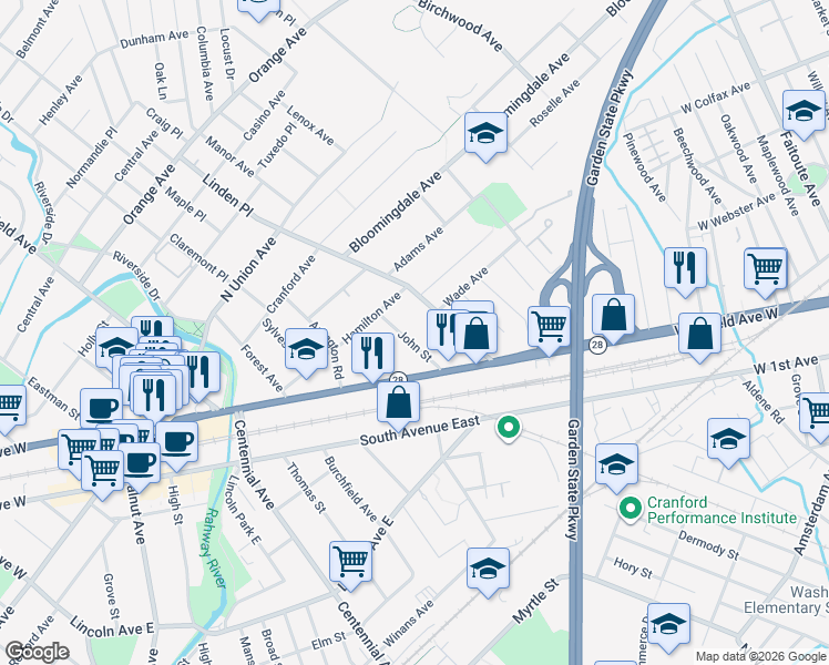 map of restaurants, bars, coffee shops, grocery stores, and more near 41 John Street in Cranford