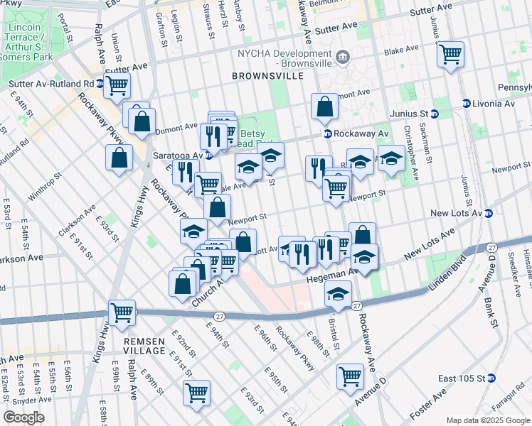 map of restaurants, bars, coffee shops, grocery stores, and more near 447 Herzl Street in Brooklyn