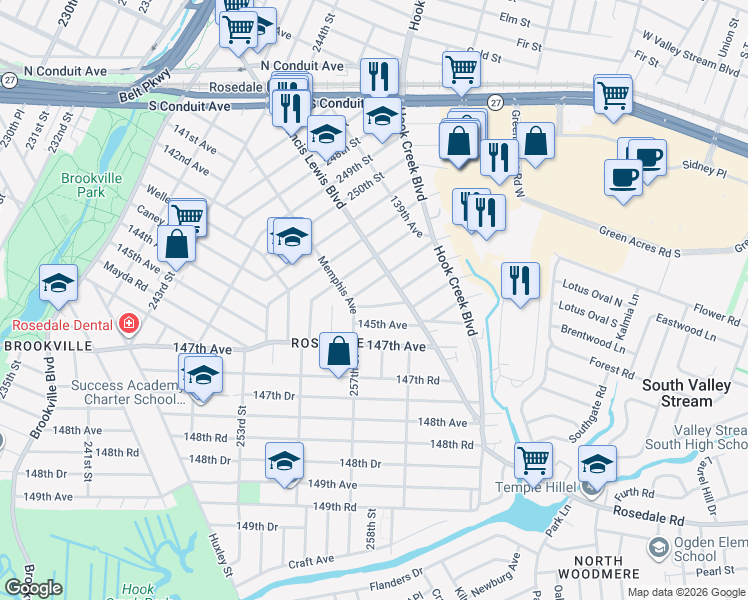 map of restaurants, bars, coffee shops, grocery stores, and more near 257-21 144th Avenue in Queens