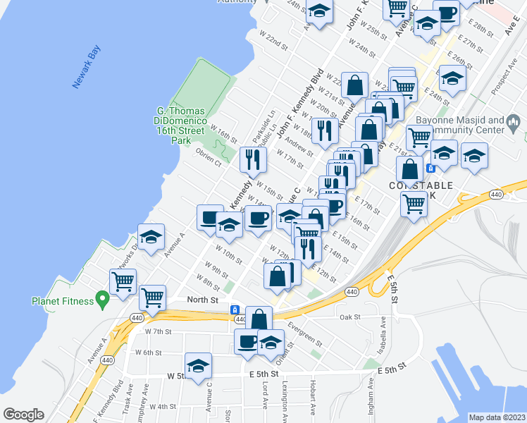 map of restaurants, bars, coffee shops, grocery stores, and more near 74 W 14th St in Bayonne