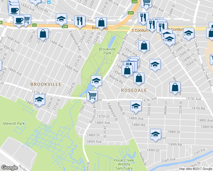 map of restaurants, bars, coffee shops, grocery stores, and more near 146-18 Huxley Street in Queens