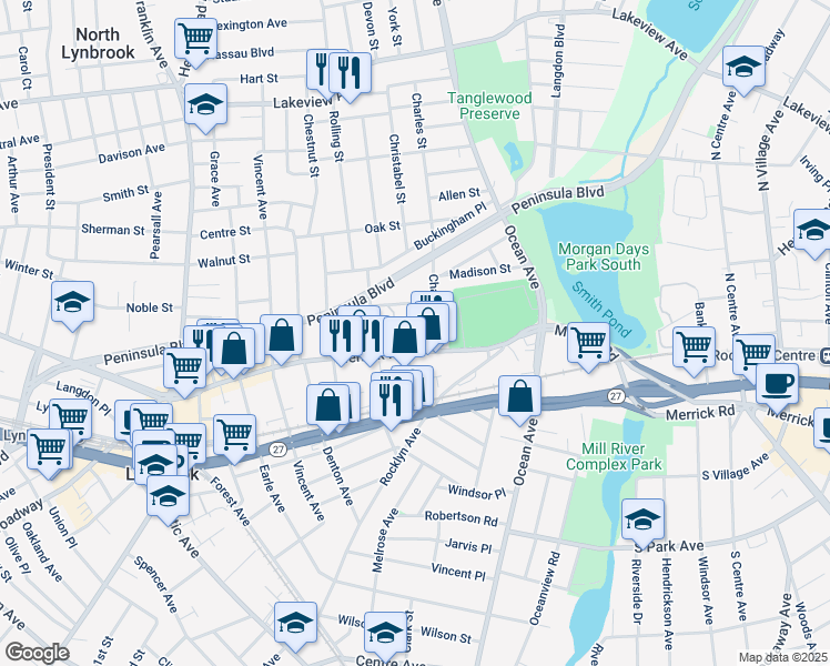 map of restaurants, bars, coffee shops, grocery stores, and more near 34 Washington Avenue in Lynbrook