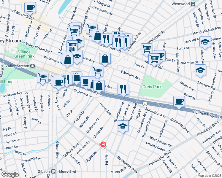 map of restaurants, bars, coffee shops, grocery stores, and more near 49 Satterie Avenue in Valley Stream