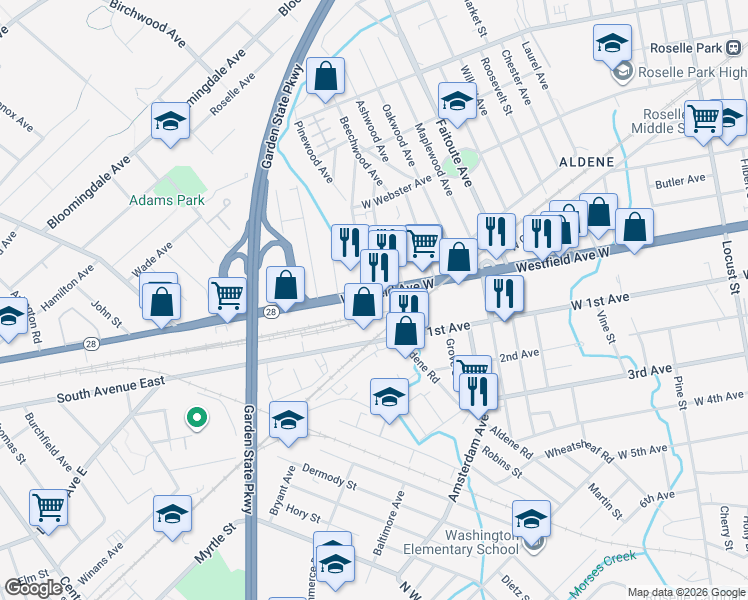 map of restaurants, bars, coffee shops, grocery stores, and more near 570 Westfield Avenue West in Roselle Park