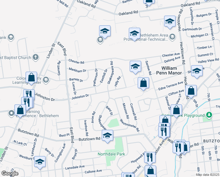 map of restaurants, bars, coffee shops, grocery stores, and more near 2005 Johnston Drive in Bethlehem