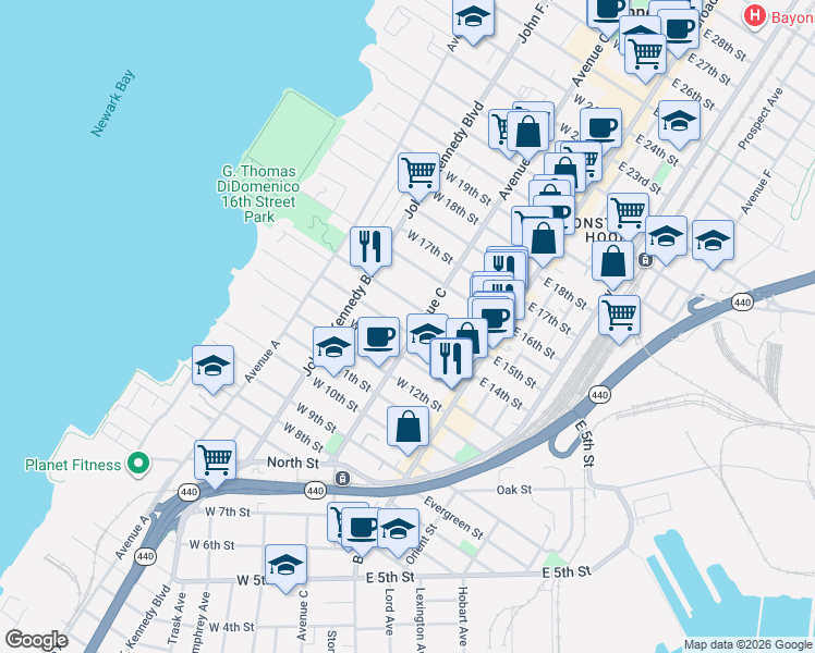 map of restaurants, bars, coffee shops, grocery stores, and more near 348 Avenue C in Bayonne