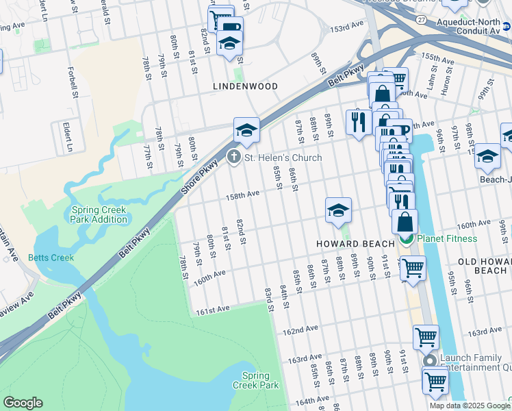 map of restaurants, bars, coffee shops, grocery stores, and more near 158-23 83rd Street in Queens