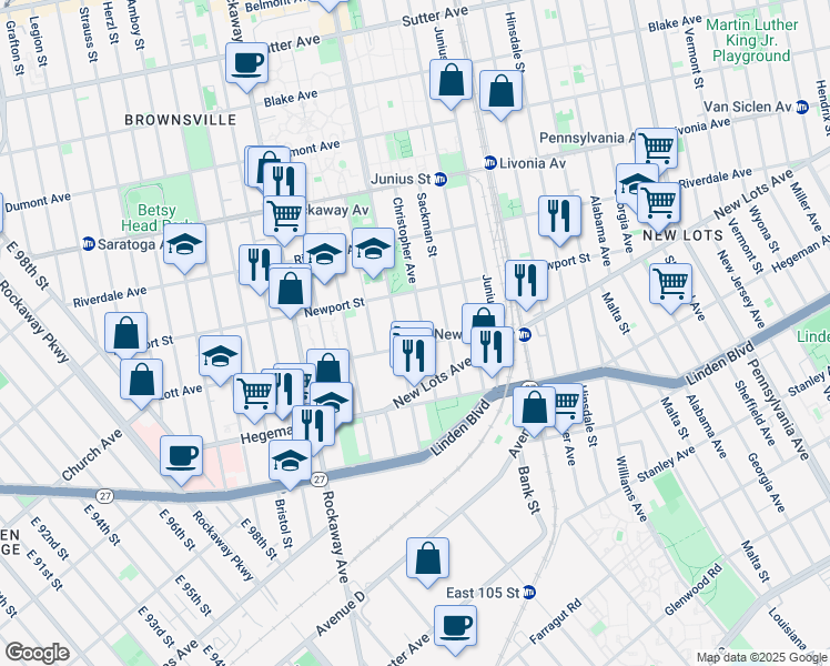 map of restaurants, bars, coffee shops, grocery stores, and more near 522 Christopher Avenue in Brooklyn