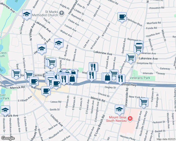 map of restaurants, bars, coffee shops, grocery stores, and more near 145 Maple Avenue in Rockville Centre