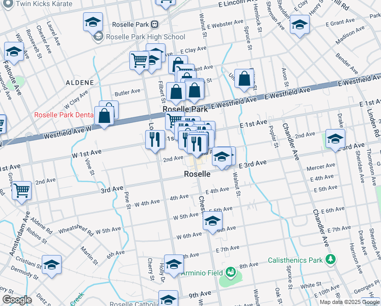 map of restaurants, bars, coffee shops, grocery stores, and more near 130 Chestnut Street in Roselle