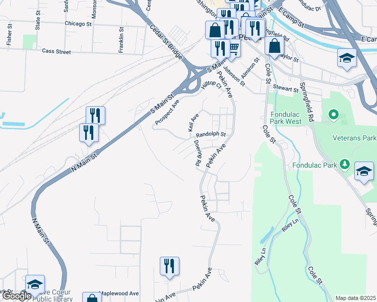 map of restaurants, bars, coffee shops, grocery stores, and more near 222 Crescent Avenue in East Peoria