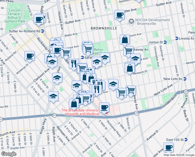 map of restaurants, bars, coffee shops, grocery stores, and more near 2245 Strauss Street in Brooklyn