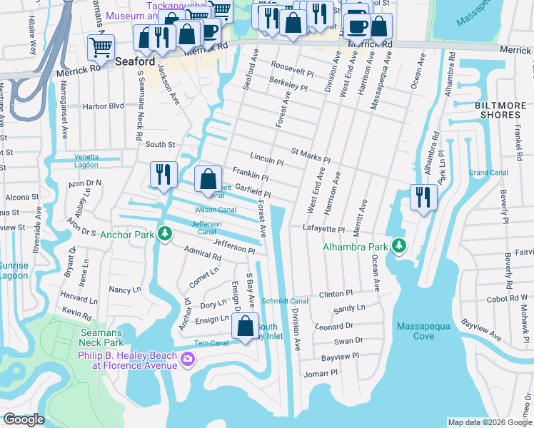 map of restaurants, bars, coffee shops, grocery stores, and more near 155 Forest Avenue in Massapequa