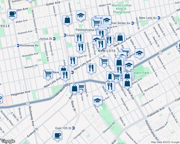 map of restaurants, bars, coffee shops, grocery stores, and more near 15 Louisiana Avenue in Brooklyn