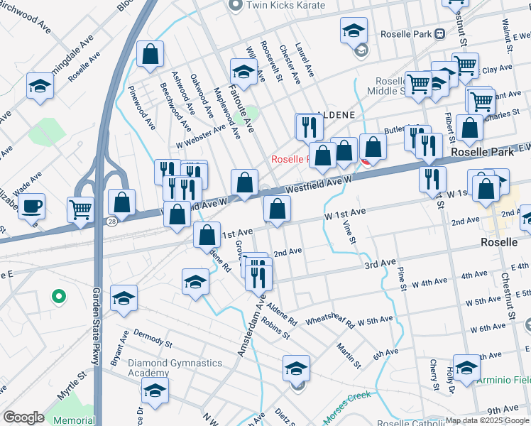 map of restaurants, bars, coffee shops, grocery stores, and more near 61 Gordon Street in Roselle